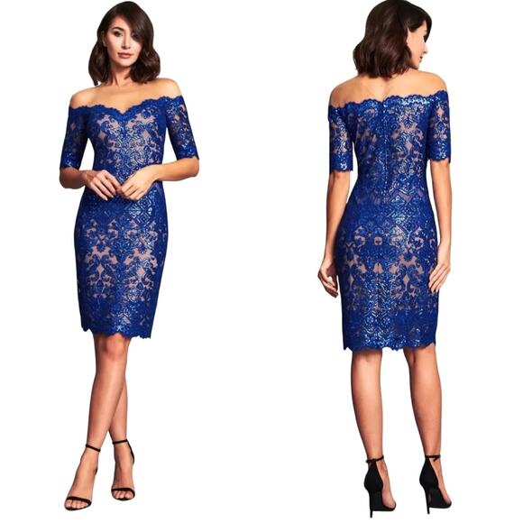 Tadashi Shoji NWT Blue Sequined Lace Sheer Off Shoulder Cocktail Dress Size 6 - Picture 1 of 12
